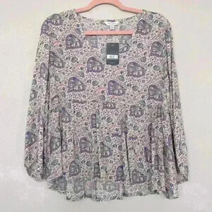 Lucky Brand NWTLavender Paisley Printed Tiered V Neck Peasant Top Blouse Sz S